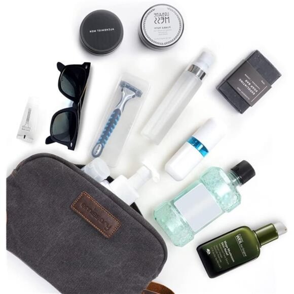 Men's Toiletry Bag, Leather and Canvas Travel Toiletry Bag, Dopp Kit for Men - Picture 3 of 6